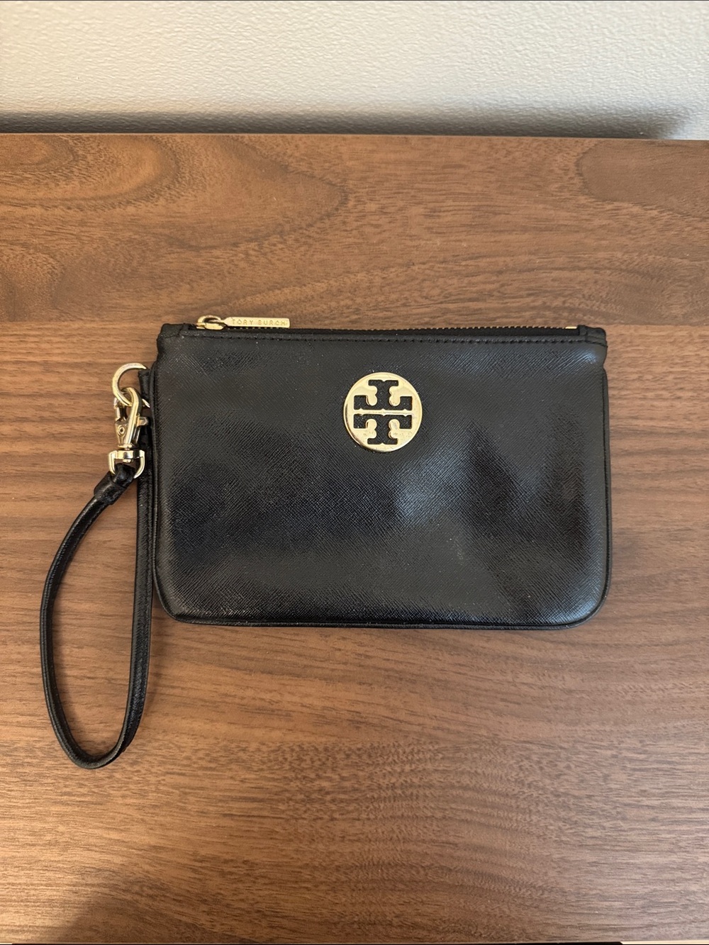 Tory Burch Black Leather Wristlet with Gold Logo